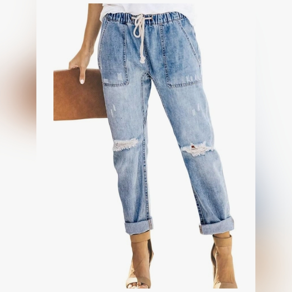 Womens Cargo Jeans Ripped Denim Joggers Elastic Drawstring Waist Pull On Skyblue